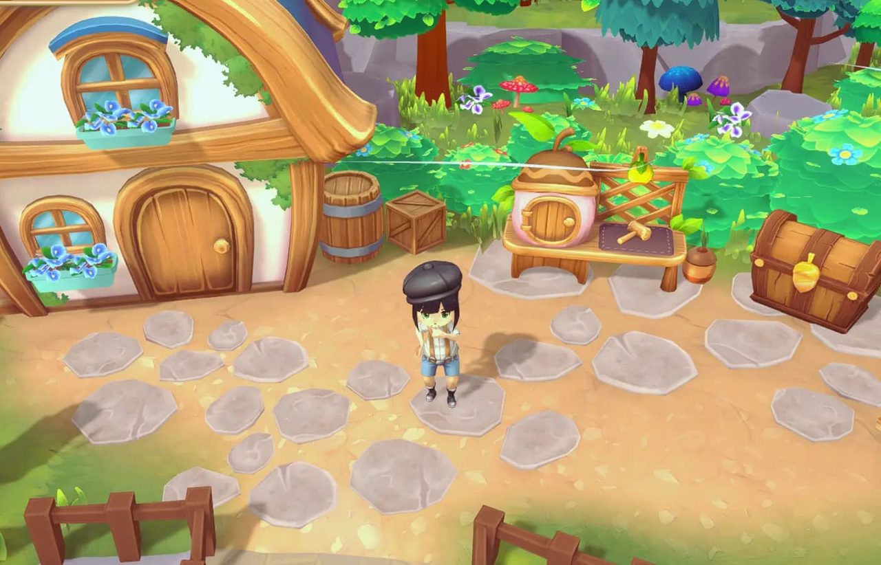 Στιγμιότυπο από το παιχνίδι Sugardew Island που δείχνει το ήρωα μας έξω από το σπίτι του