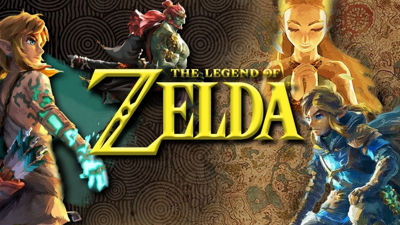 Εικόνα με τον Link, τη Zelda και τον Ganondorf από τη σειρά The Legend of Zelda, με το λογότυπο της σειράς στο κέντρο