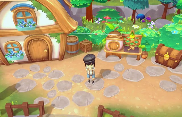 Στιγμιότυπο από το παιχνίδι Sugardew Island που δείχνει το ήρωα μας έξω από το σπίτι του