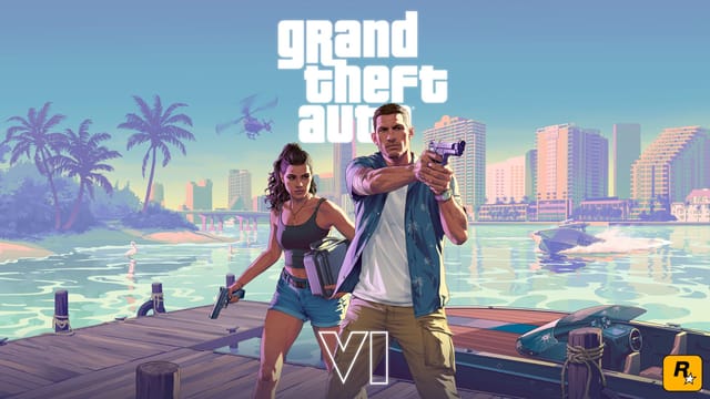Επίσημο artwork του GTA VI με τους δύο πρωταγωνιστές στη Vice City, οπλισμένοι στην προβλήτα με φόντο ουρανοξύστες, φοίνικες και σκάφος αστυνομίας