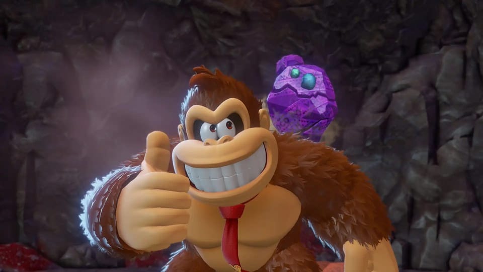 Στιγμιότυπο από το παιχνίδι Donkey Kong Bananza που δείχνει τον Donkey Kong να κάνει thumbs up.