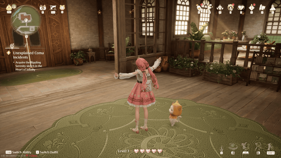 Στιγμιότυπο από το παιχνίδι Infinity Nikki, όπου φαίνεται η Nikki να τεντώνεται, ενώ δίπλα της βρίσκεται ο Momo.